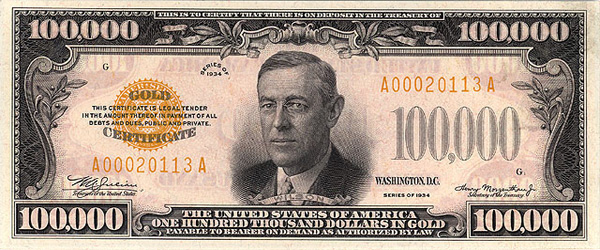 Так выглядит самая крупная купюра в истории США 100000$